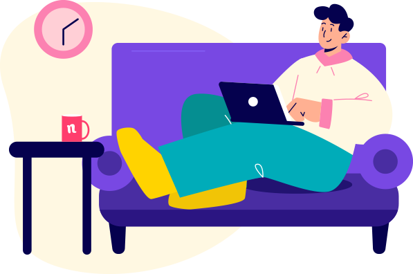 niftiee money saver lounging on sofa with laptop